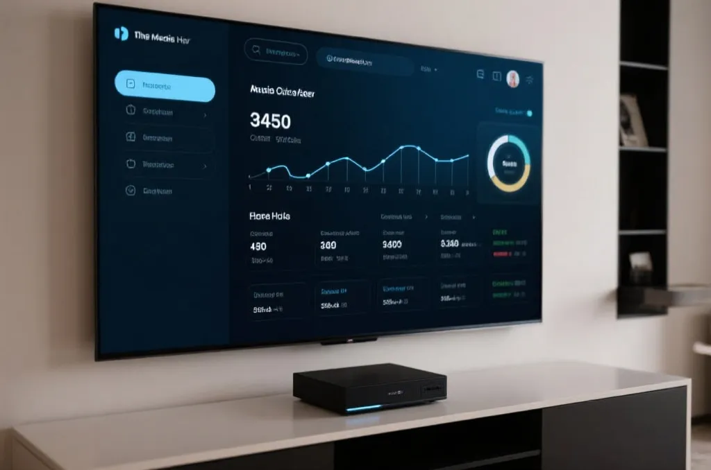 A close-up of a home theater media hub showing a clean user interface on a TV screen with generic sports statistics, high-tech and minimalist style
